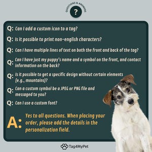Custom dog ID tag FAQs – icons, fonts, non-English text, and design options.