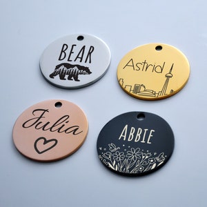 Custom Dog Name Tag Multiple Designs: Mountains, UFO, Flowers, Wreath, Mystic | Dog Mom, Dog Gift, Laser Engraved Pet Tags, Personalized Tag