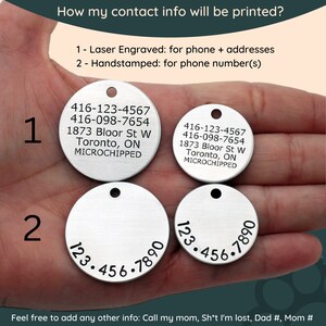 以下が含まれることがあります： 銀製の犬用タグ2つ。1つは電話番号、住所、"マイクロチップ済み"の文字が刻印されており、もう1つは手打ちの電話番号が刻印されています。