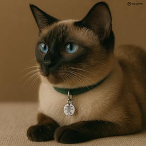 Cat With a Dark Face and Paws, Blue Eyes and a Light Body With Green Collar And Cat ID Tag Silver