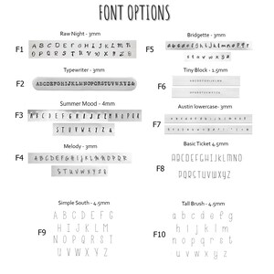May include: A chart showing 10 different font options for jewelry personalization. Each font is labeled with a name and size, and shows the alphabet in that font. The fonts include Raw Night, Typewriter, Summer Mood, Melody, Simple South, Bridgette, Tiny Block, Austin lowercase, Basic Ticket, and Tall Brush.