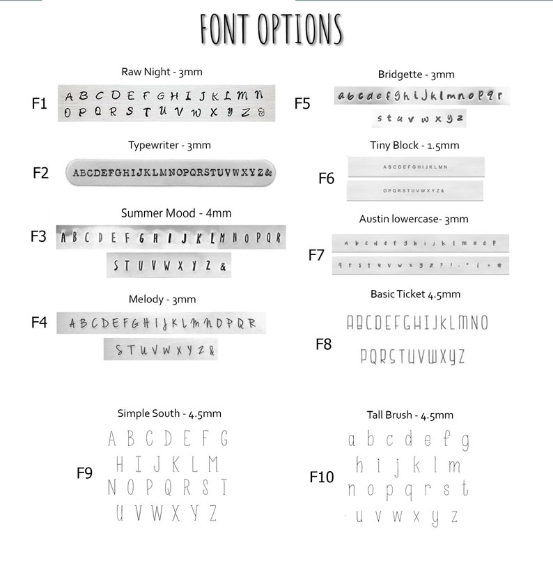 May include: A chart showing 10 different font options for jewelry personalization. Each font is labeled with a name and size, and shows the alphabet in that font. The fonts include Raw Night, Typewriter, Summer Mood, Melody, Simple South, Bridgette, Tiny Block, Austin lowercase, Basic Ticket, and Tall Brush.
