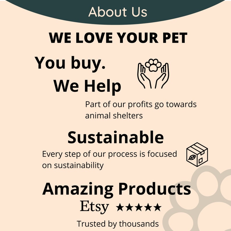 以下が含まれることがあります： 「About Us」と「We Love Your Pet」というテキストを含むグラフィック。グラフィックには、「You buy. We Help」と「Part of our profits go towards animal shelters」というテキストも含まれています。グラフィックには、「Sustainable」と「Every step of our process is focused on sustainability」というテキストも含まれています。グラフィックには、「Amazing Products」と「Etsy」というテキストと5つの星も含まれています。グラフィックには、「Trusted by thousands」というテキストも含まれています。
