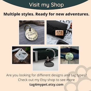 May include: A selection of personalised dog tags with various designs and styles. Tags feature names such as "Maximus", "Watson", "Elara", "Milo", and "Daisy". The tags are made from metal and have a range of finishes. Visit tag4mypet.etsy.com to view more.