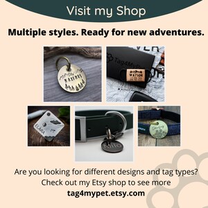 May include: Assortment of personalized dog tags with different designs and styles. Tags feature names like "Maximus", "Watson", "Elara", "Milo", and "Daisy".  The tags are made of metal and have a variety of finishes.  Visit tag4mypet.etsy.com to see more.