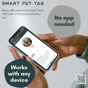 Person holding a smartphone displaying a pet profile from Tag4MyPet, highlighting a smart pet tag system that works on any device without needing an app.