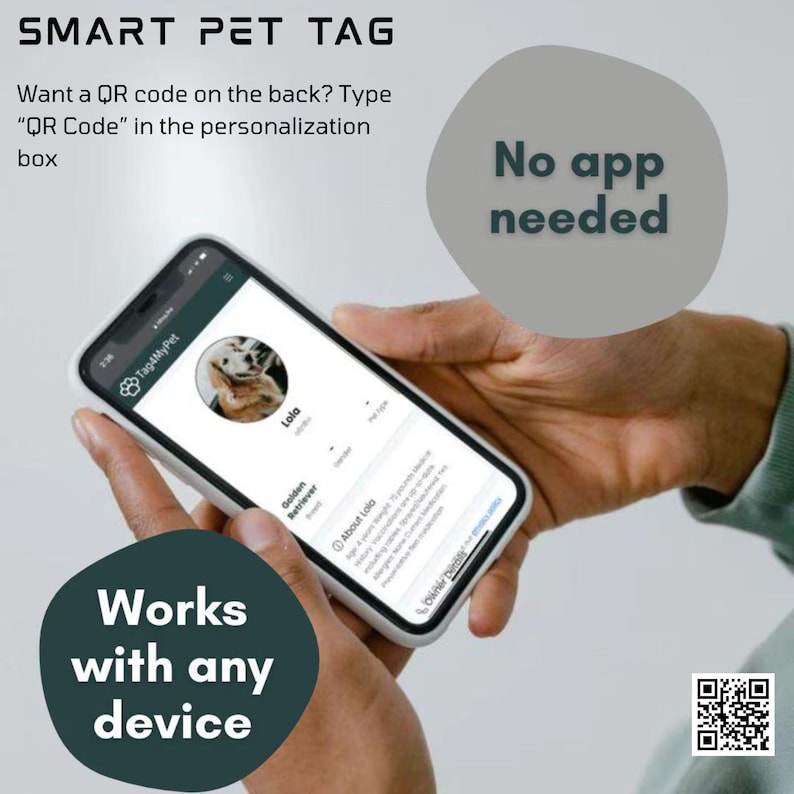 Person holding a smartphone displaying a pet profile from Tag4MyPet, highlighting a smart pet tag system that works on any device without needing an app.
