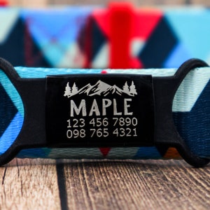 May include: A blue, red, and white patterned dog collar with a black buckle and a silver engraved tag that reads "MAPLE 123 456 7890 098 765 4321".