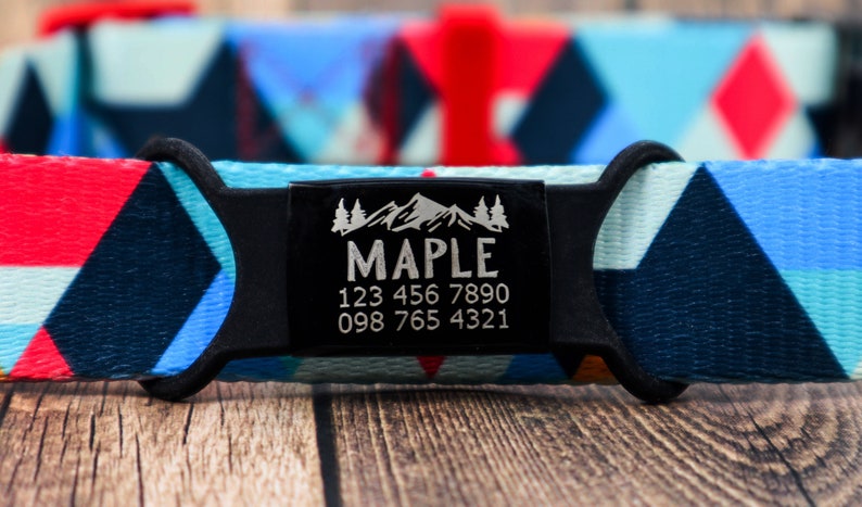 May include: A blue, red, and white patterned dog collar with a black buckle and a silver engraved tag that reads "MAPLE 123 456 7890 098 765 4321".