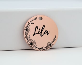 Flower Dog Tag | Dog Collar Tag | Pet Name Tag | Personalized Dog Tag | Cat ID Tag | Floral Pet Tag | Tag with Flowers | Rose Gold Dog Tag