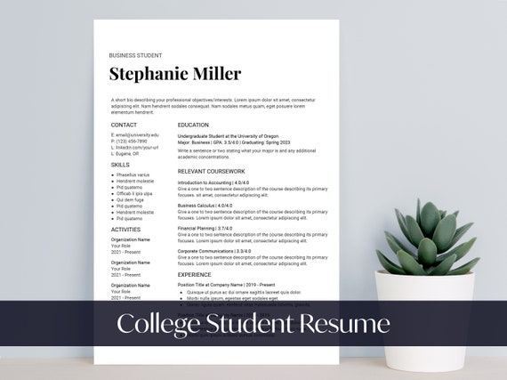College/University Student Resume Template for Word or Google Docs, Resume for Internships, Student Resume