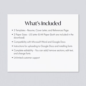 Op de afbeelding: Een lijst met functies die zijn inbegrepen in een cv-sjabloon. De functies omvatten 3 sjablonen, 2 papierformaten, compatibiliteit met Microsoft Word en Google Docs, instructies voor het uploaden naar Google Docs en het installeren van lettertypen, volledige bewerkbaarheid en onbeperkte klantenservice.