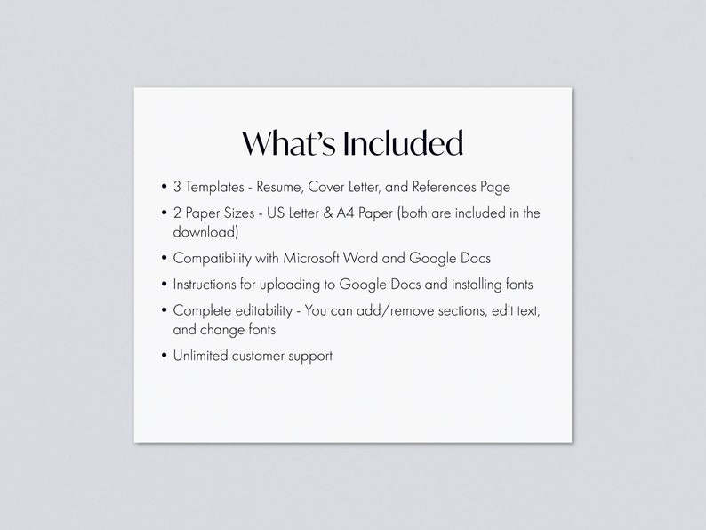 Op de afbeelding: Een lijst met functies die zijn inbegrepen in een cv-sjabloon. De functies omvatten 3 sjablonen, 2 papierformaten, compatibiliteit met Microsoft Word en Google Docs, instructies voor het uploaden naar Google Docs en het installeren van lettertypen, volledige bewerkbaarheid en onbeperkte klantenservice.