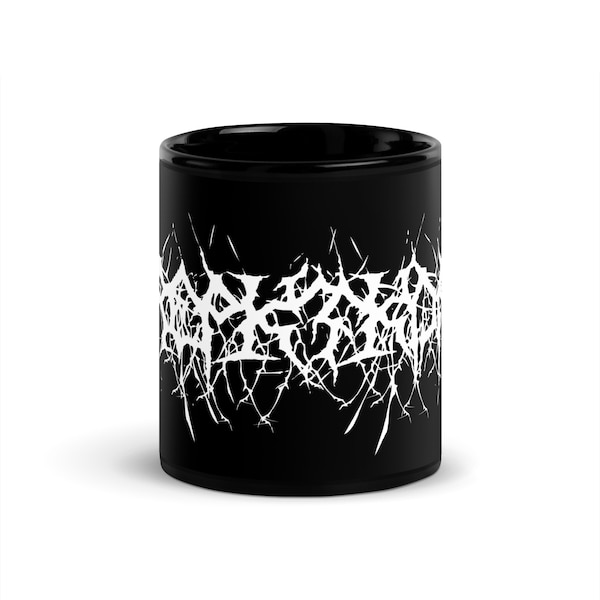 Black Metal Custom Name Coffee Mug White Text