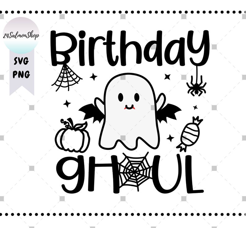 May include: Black and white illustration of a cute ghost with bat wings and the text "Birthday Ghoul". The image also includes a spider, a spider web, a pumpkin, and a candy.