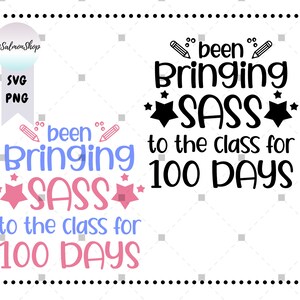 Może przedstawiać: R&oacute;żowo-niebieski projekt graficzny z tekstem "been bringing sass to the class for 100 days" z gwiazdami i oł&oacute;wkami.