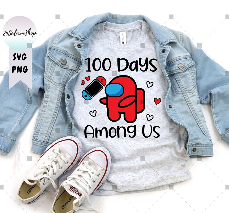 May include: A gray t-shirt with the text "100 Days Among Us" and a red Among Us character holding a video game controller. The character has a blue visor.