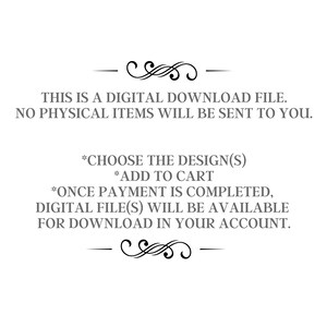 Puede incluir: Texto sobre un fondo blanco que dice: "ESTE ES UN ARCHIVO DE DESCARGA DIGITAL. NO SE ENVIAR&Aacute;N ART&Iacute;CULOS F&Iacute;SICOS. *ELIGE EL DISE&Ntilde;O(S) *A&Ntilde;ADIR AL CARRITO *UNA VEZ QUE EL PAGO SE COMPLETE, EL ARCHIVO DIGITAL(ES) ESTAR&Aacute; DISPONIBLE PARA DESCARGAR EN TU CUENTA."