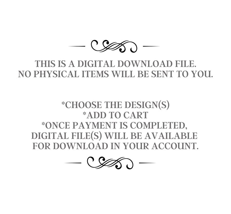 Puede incluir: Texto sobre un fondo blanco que dice: "ESTE ES UN ARCHIVO DE DESCARGA DIGITAL. NO SE ENVIAR&Aacute;N ART&Iacute;CULOS F&Iacute;SICOS. *ELIGE EL DISE&Ntilde;O(S) *A&Ntilde;ADIR AL CARRITO *UNA VEZ QUE EL PAGO SE COMPLETE, EL ARCHIVO DIGITAL(ES) ESTAR&Aacute; DISPONIBLE PARA DESCARGAR EN TU CUENTA."