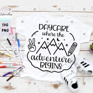 Kindertagesstätte SVG PNG, wo das Abenteuer beginnt svg, Kinder zurück in der Schule, 1. erster Schultag, digitale Sofort-Download-Datei für Cricut