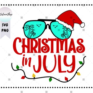 May include: A red and white Santa hat with sunglasses featuring palm trees and the text "Christmas in July" with a string of Christmas lights.