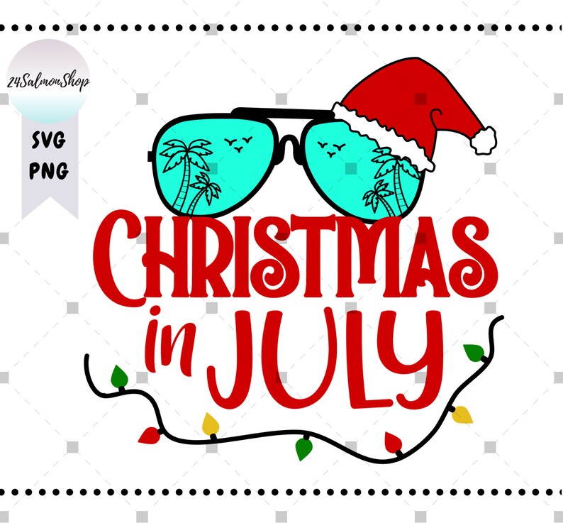 May include: A red and white Santa hat with sunglasses featuring palm trees and the text "Christmas in July" with a string of Christmas lights.