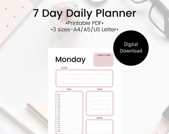 7 Day Daily Planner Printable, A4 A5 US Letter, Planner Insert, Daily Schedule, InstantDownload