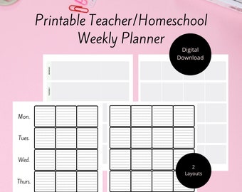 Printable Weekly Teacher Planner, Homeschool Planner, Student Planner, Class Schedule, Lesson Planner