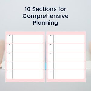 May include: Two pink planner pages with white rectangular sections and the text "10 Sections for Comprehensive Planning." Each page has five sections labelled "Date." The background is light grey.