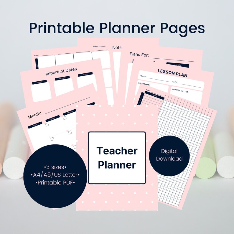 May include: A set of pink printable planner pages with white polka dots. The pages include a teacher planner, lesson plan, important dates, and note sections. The image also includes the text "Printable Planner Pages" and "Teacher Planner."
