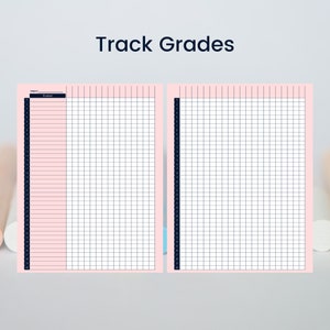 May include: Two-page spread of a pink grade tracking sheet with a grid pattern. The left page has a dark blue column for student names, and the right page is blank. The words "Track Grades" are at the top.
