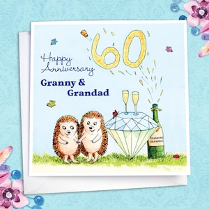 Biglietto personalizzato per l'anniversario di diamante, 60° matrimonio, nomi, parenti, mamma, papà, nonna, nonno, tata, nonna, champagne, ricci