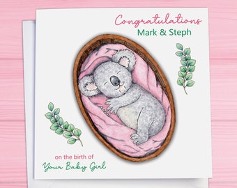Personalisierte neue Baby Koala Karte, Mädchen oder Junge, niedliche Geburts Glückwünsche, Sohn Tochter Enkel Enkelin Nichte Neffe