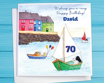 Personalised Sailing Boat Birthday Card, Seaside Dog Scene