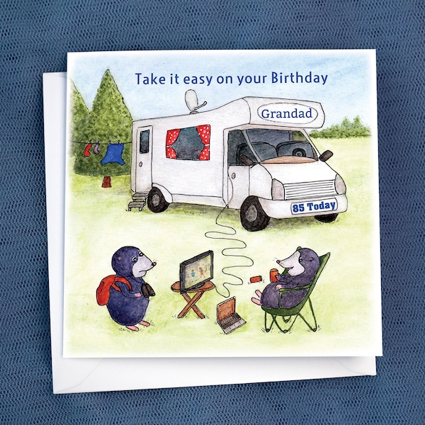 Personalised Motorhome Birthday, Retirement card, Funny Campervan Caravan, Dad Grandad Friend Son Husband, any name relation age, cute moles