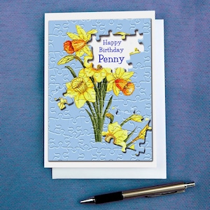 Tarjeta de cumpleaños de narciso personalizada, diseño de rompecabezas, flores, cualquier relación de nombre, mamá, abuela, niñera, esposa, novia, hija, amiga