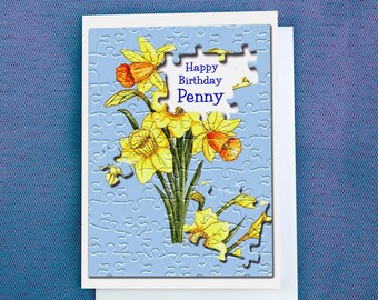 Personalised Daffodil Birthday or Mother's Day card, Jigsaw design, Flowers, any name relation, Mum Grandma Nanny Wife Girlfriend Daughter