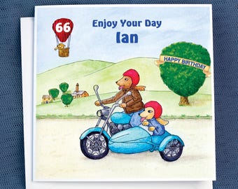 Personalised Motorbike Birthday Card, Dogs on Motorcycle & Sidecar, Watercolour Art