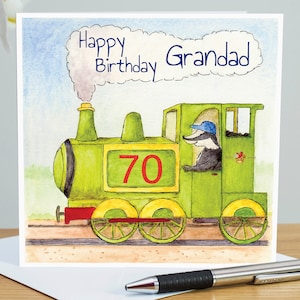 Carte d'anniversaire train personnalisée, joyeux anniversaire grand-père, père, fils, petit-fils, neveu, petit ami, tous les noms et tous les âges, train à vapeur et blaireau mignon