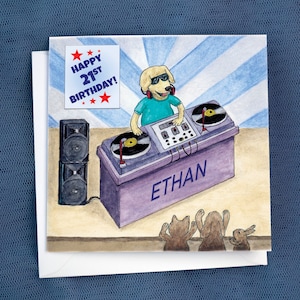 Tarjeta de cumpleaños personalizada con DJ musical para perro, para hijo, nieto, padre, hermano, sobrino, hija, amigo, cualquier nombre, parentesco, edad, un lindo animal labrador.
