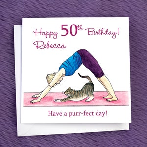 Biglietto di auguri di compleanno personalizzato con gatto yoga, gattara pazza, mamma, figlia, sorella, amica, qualsiasi nome, parentela, età, esercizio, sport, carino,