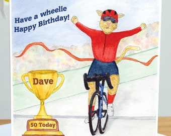 Personalised Cycling Cat birthday Card, any name relation age,  Bike Bicycle, Son Grandson Dad Daughter Friend, 18th 21st 30th 40th 50th