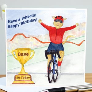 Carte d'anniversaire personnalisée vélo chat, vélo, tout âge relation de nom, vélo, fils petit-fils papa fille ami, mignon 18e 21 30 40 50 60 70