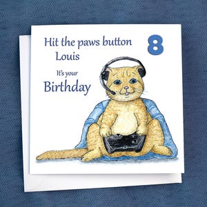 Biglietto di auguri di compleanno personalizzato a forma di gatto da gioco, gioco per computer, carino e divertente, aggiungi qualsiasi nome, età, figlio, nipote, nipote, papà, sorella, videogioco, Xbox