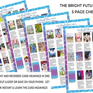 Op de afbeelding: Vijf pagina's cheat sheet voor het The Bright Future Tarot deck. Elke pagina toont een ander pak kaarten met de rechtopstaande en omgekeerde betekenissen van elke kaart. De cheat sheet is gedrukt op wit papier met een kleurrijke achtergrond.