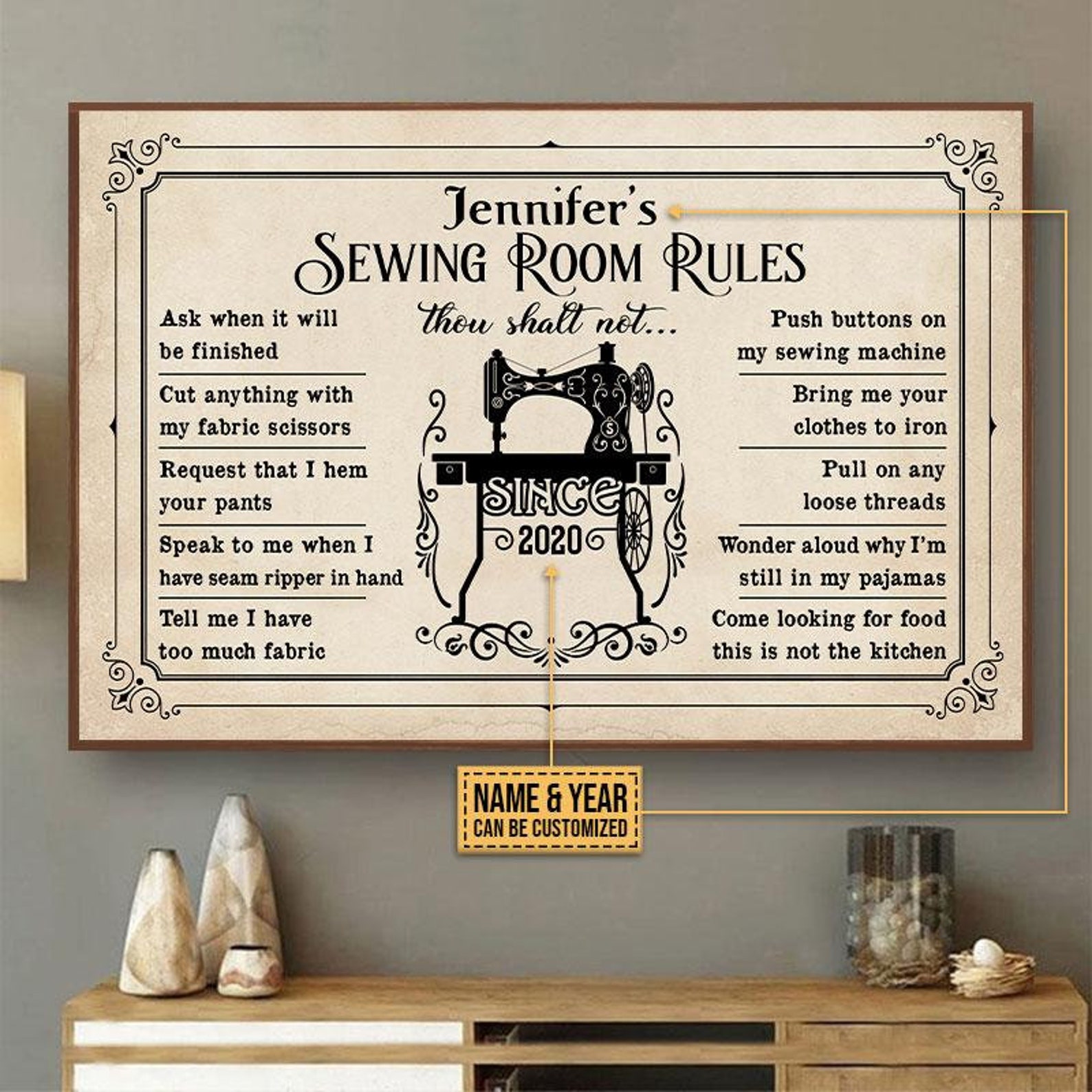 Vintage Sewing Room Rules Poster Sewer Custom Name Wall Art Etsy