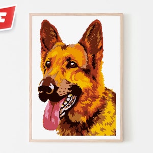 以下が含まれることがあります： 茶色と黄色の毛並みのジャーマンシェパードの犬の額縁入りイラスト。犬は舌を出して右を見ています。背景は白です。