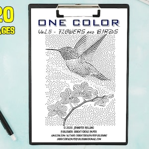 20 pages Flowers and Birds, Dots spots style of One color Printable Coloring Pages, relax and therapy | Vol. 06