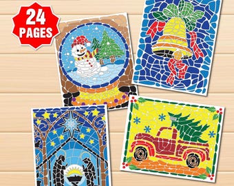 24 Pages Christmas Mosaic Coloring Pages – Printable Color by Number & Letter PDF – Holiday Coloring Book for Adults Kids – Instant Download