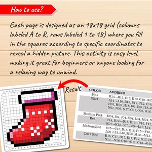 May include: A red and pink sock pixel art design with a grid of 18x18 squares. The image shows the completed design with the color key and coordinates for each color.